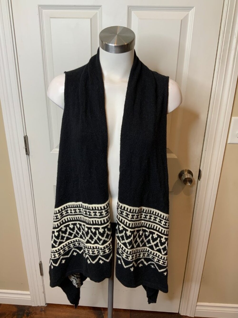 Lauren Ralph Lauren Black & White Nordic Knit Draped Vest Cardigan, Size L/XL